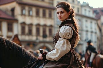 Fototapeta premium Lifestyle portrait of a beautiful Medieval lady on horseback in Prague city in Czech Republic in Europe.