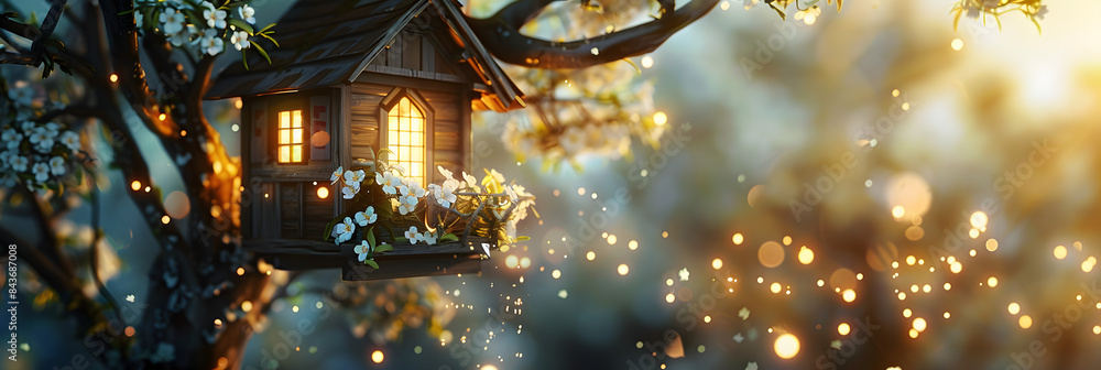 Poster a forest treehouse in spring