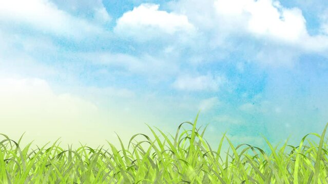 水彩の草原と青空がゆっくり動く動画