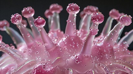 A close up of a pink and purple flower with droplets of water on it. The flower has a unique shape and is covered in water droplets.