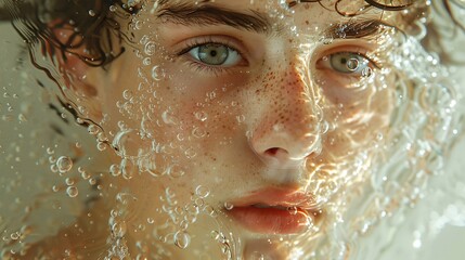 A boy with curly hair and blue eyes is shown with water splashing on his face. He has freckles on his face and is looking at the camera.