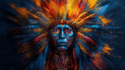 Portrait of a person in vibrant feathered headdress and painted face, surrounded by colorful splashes of powder.