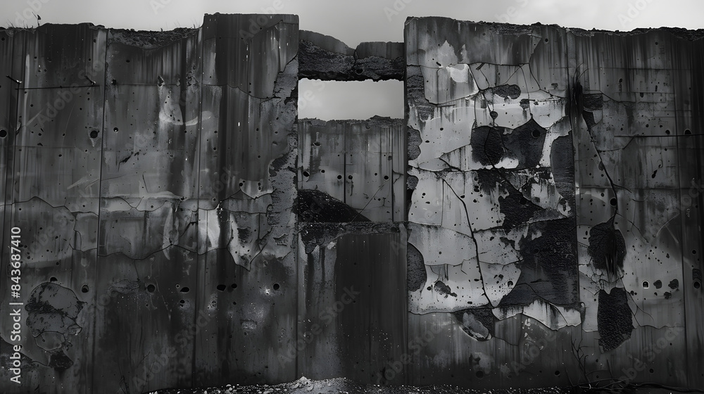 Poster a fragmented concrete wall with a substantial void at its heart. the setting is obscure and cryptic.