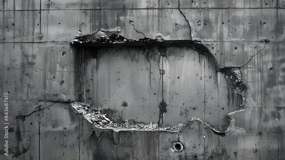 Poster a fragmented concrete wall with a substantial void at its heart. the setting is obscure and cryptic.