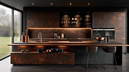 A modern kitchen island with a stainless steel sink, glass doors, and warm lighting