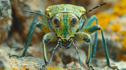Fototapeta premium A close-up of a colorful insect with large eyes, possibly a grasshopper or katydid. The insect is sitting on a rocky surface and appears to be smiling.