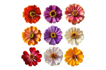 Set of colorful zinnia flower isolated on transparent background