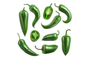 Set of green spicy hot jelapenos isolated on transparent background