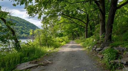 Long Empty Hiking Trail with Green Trees at Hudson Highlands State Park in Cold Spring New York : Generative AI