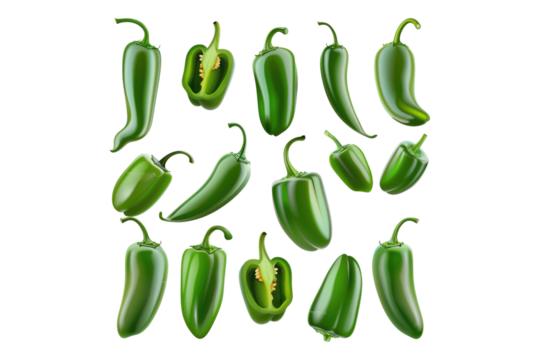 Set of green spicy hot jelapenos isolated on transparent background