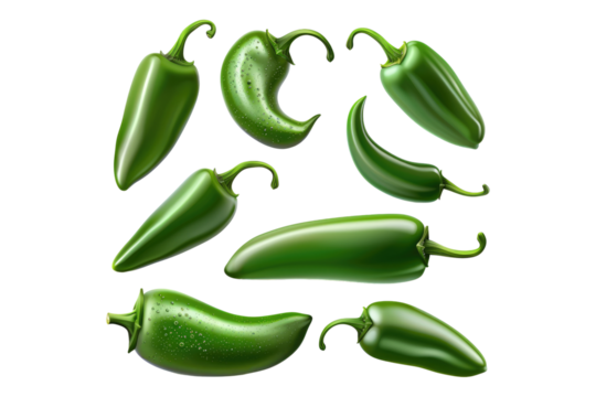Set of green spicy hot jelapenos isolated on transparent background