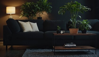Room features a minimalist design with a tree trunk coffee table near a black leather tufted sofa by the fireplace