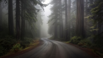 Fototapeta premium Photograph of Foggy Straight Redwood Highway in Northern California, USA.