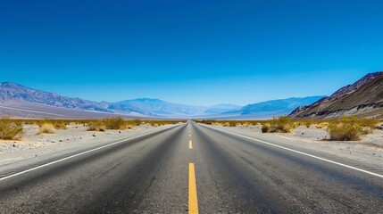 State Route 190 crosses Panamint Valley in Death Valley National Park California United States Empty desert road in Death Valley with clear blue sky : Generative AI