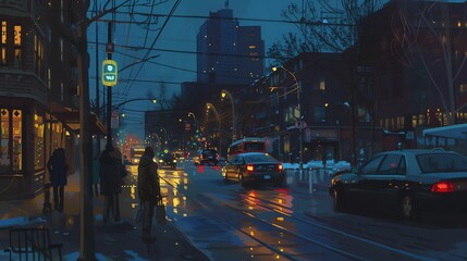 Fototapeta premium Busy city street lit by street lights at night