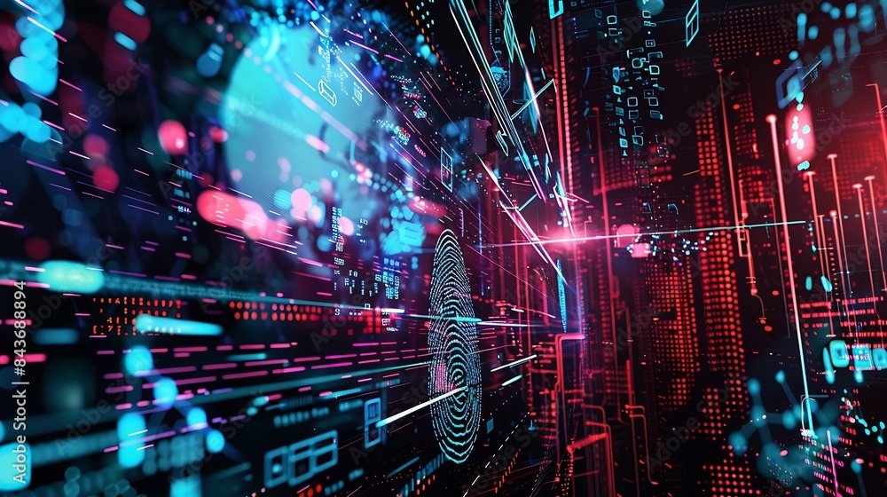 Poster Panoramic web banner of Fingerprint scan provides security access with biometrics identificationFuturistic Technology in Cyber security and data protectionRPA5gbig dataiotvrmixed virtu : Generative AI