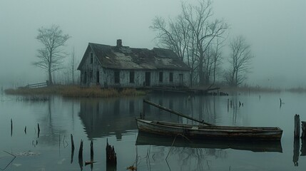 An old house with a dock in front of it, surrounded by trees and a boat in the water. The house appears to be abandoned and in a state of disrepair.