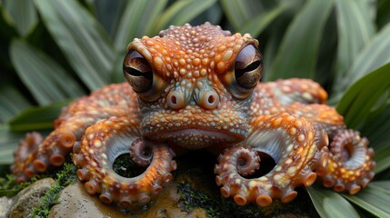 A close up of an orange and white octopus with big eyes and a frowning expression.