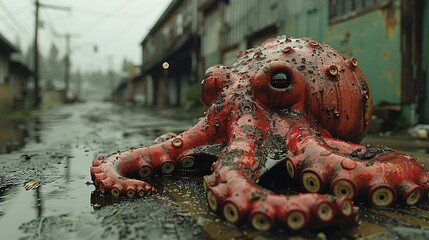 A red and white octopus laying on the ground in front of a building. The octopus has a big eye and is covered in suction cups.