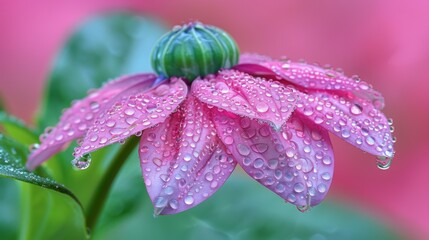 A magnifying lens focused on a delicate flower bud, revealing its hidden patterns and textures, dew drops glistening in the