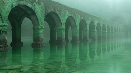 A bridge with green pillars and a green reflection in the water below.