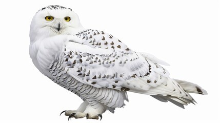 Elegant snowy owl with striking yellow eyes standing proudly, displaying its stunning white and brown feathers