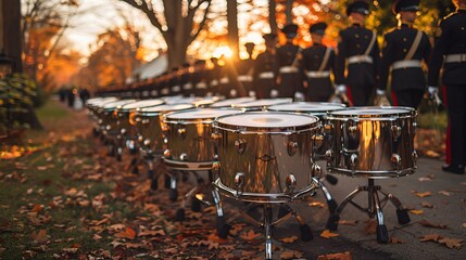 A group of men in uniforms are standing in front of a row of drums, possibly preparing for a performance or a parade.