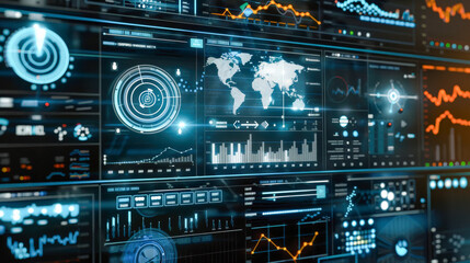 Fototapeta premium Futuristic Control Panel with Multiple Blue and Black Screens Displaying Diverse Information, Organized in a Sleek Grid with Orange and Yellow Highlights, Resembling High-Tech Spaceship Technology