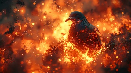 A bird is surrounded by flames, creating a dramatic and intense scene.
