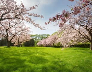 A green lawn with cherry blossom trees in full bloom, creating an enchanting and serene scene