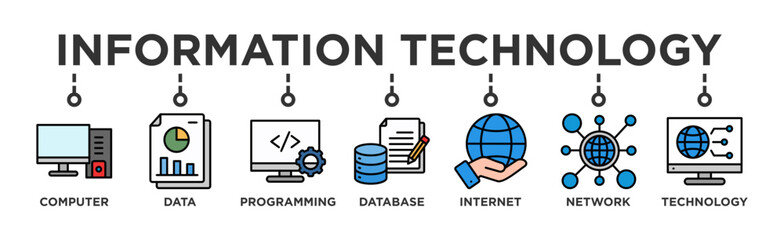Fototapeta premium Information technology banner web icon vector illustration concept with icon of computer, data, programming, database, internet, network, and technology 