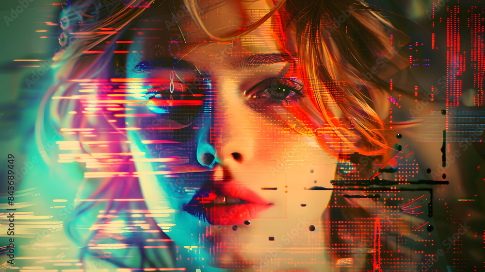 Poster a glitched portrait of an attractive woman. the background is a chaotic blend of abstract patterns r