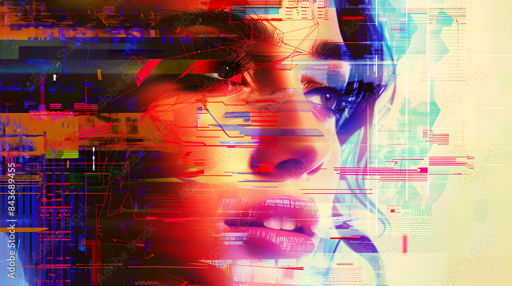 Poster a glitched portrait of an attractive woman. the background is a chaotic blend of abstract patterns r