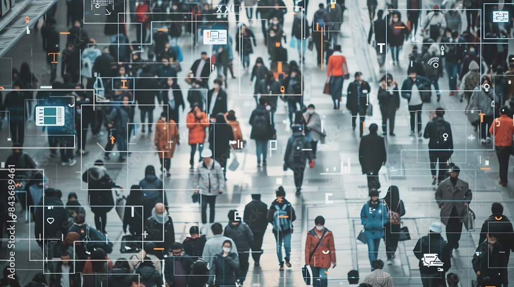 Poster elevated security camera surveillance footage of a crowd of people walking on busy urban city street
