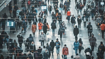 Elevated Security Camera Surveillance Footage of a Crowd of People Walking on Busy Urban City Streets CCTV AI Facial Recognition Big Data Analysis Interface Scanning Showing Personal I : Generative AI