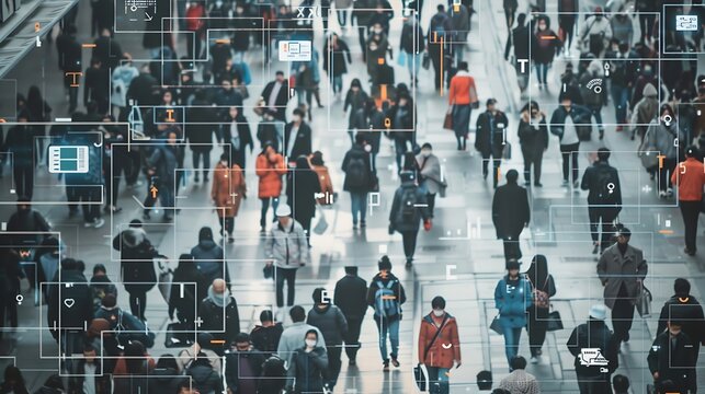 Elevated Security Camera Surveillance Footage of a Crowd of People Walking on Busy Urban City Streets CCTV AI Facial Recognition Big Data Analysis Interface Scanning Showing Personal I : Generative AI