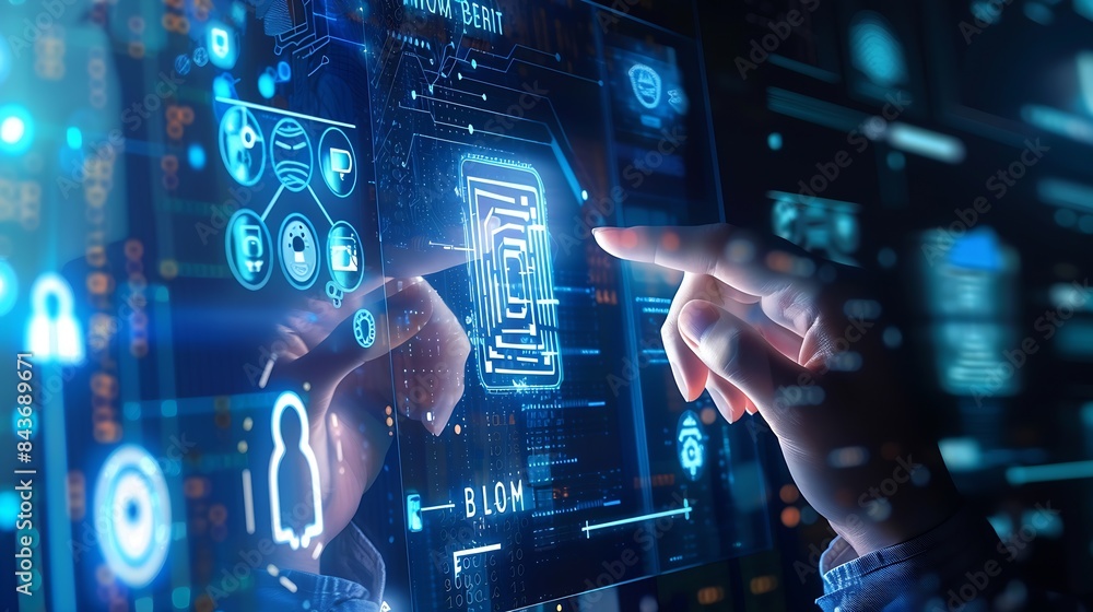 Poster Interactive KYC compliance interface with the user Business professional interacting with a Know Your Customer KYC compliance and security interface on digital screen Identity verifica : Generative AI
