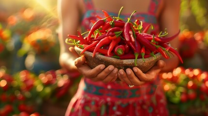 Woman holding a wooden bowl filled with vibrant red chili peppers in a sunlit garden. - Powered by Adobe
