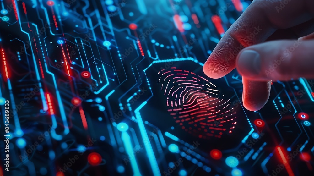 Fototapete Cyber security and data protection Businessman fingerprint scanning to access business data with ai and network connection Biometric security technology data encryption network securit : Generative AI