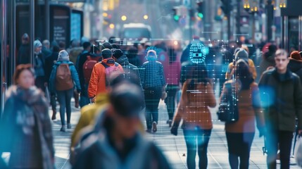 CCTV AI Facial Recognition Camera Zoom in Recognizes Person Elevated Security Camera Surveillance Footage Face Scanning of a Crowd of People Walking on Busy Urban City Streets Big Data : Generative AI