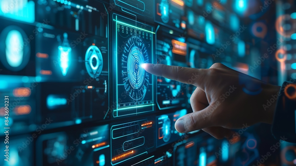 Aufkleber Biometric security system Man uses thumb to access data Access permission system on screen cyber security innovation technology : Generative AI