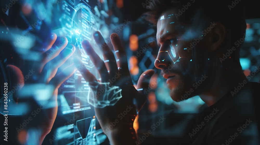 Poster The man gains access to the personal information of the holograms with fingerprint identification Modern technologies cloud data storage : Generative AI