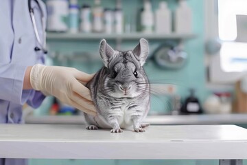 The hands of a veterinarian examine a chinchilla lying on a table in a clinic. The concept for the development of veterinary clinics and animal treatment.
