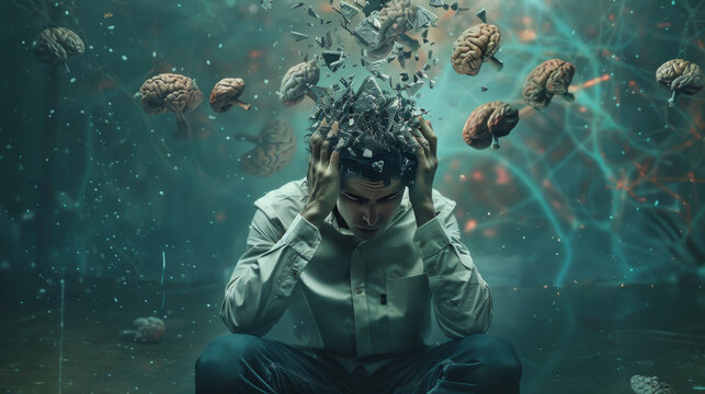 A man sits on the ground with hands on his head, brains exploding. Mental Health Concept 