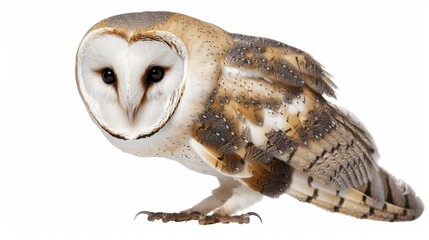 Majestic barn owl with stunning brown and white plumage stands alert, staring forward with a sharp gaze