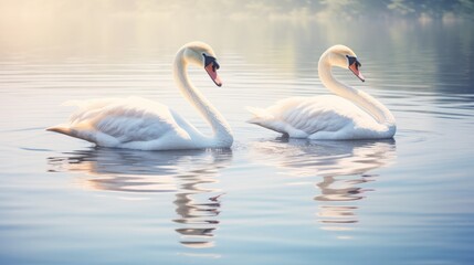 An elegant swan gliding gracefully on a calm lake, reflections in the water, serene atmosphere."
