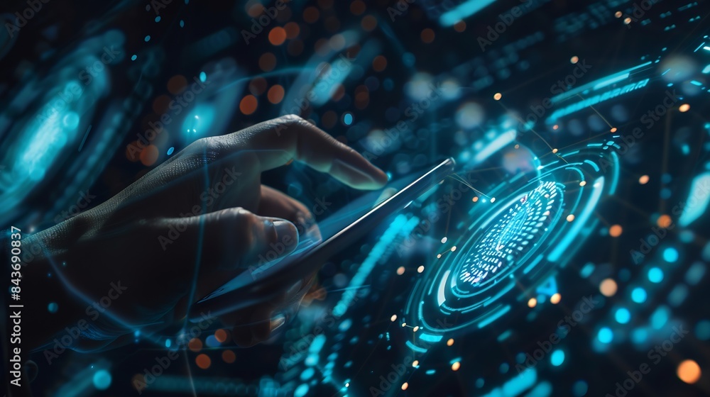 Aufkleber Businessman using fingerprint smartphone business and financial data with virtual graphic data information diagram network connectionbiometrics security innovation technology against d : Generative AI
