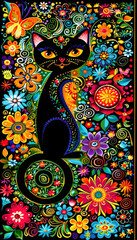 A Whimsical Black Cat with Big Yellow Eyes and a Long Curly Tail Sitting in a Colorful Field of Blooming Flowers under a Shining Sun with a Dark Blue Background