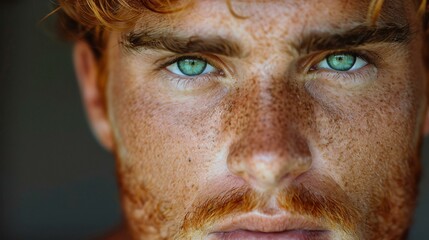 A close-up of a man with red hair and green eyes, showcasing his unique features.