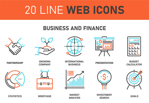 Vector set of business and finance line web icons. Each icon with adjustable strokes neatly designed on pixel perfect 64X64 size grid. Fully editable and easy to use.